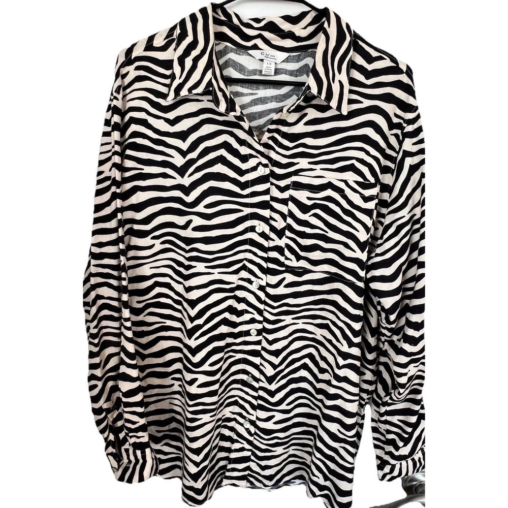 C by One NWT Women's Linen Blend Zebra Print Blouse Size L